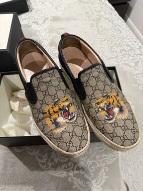 Gucci Brown GG Supreme Slip-On Sneakers with Embroidered Tiger